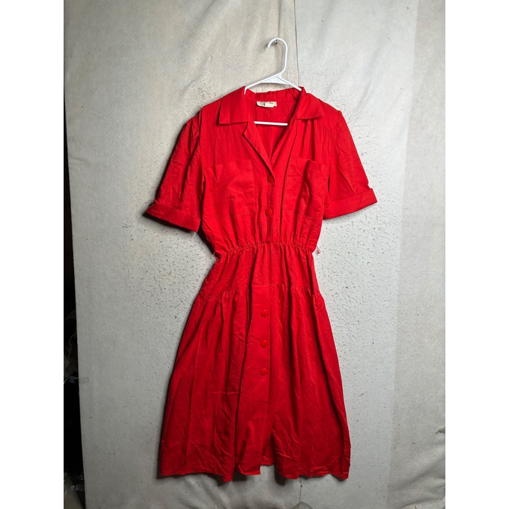 Vintage Goody Red Button Down Shirt Dress Short Sleeve Elastic Waist USA 11-12